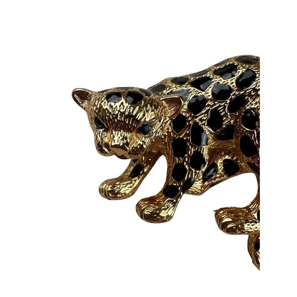 VTG Leopard Brooch Pin Enamel Gold Tone Green Eyes Cheetah Cat Jaguar